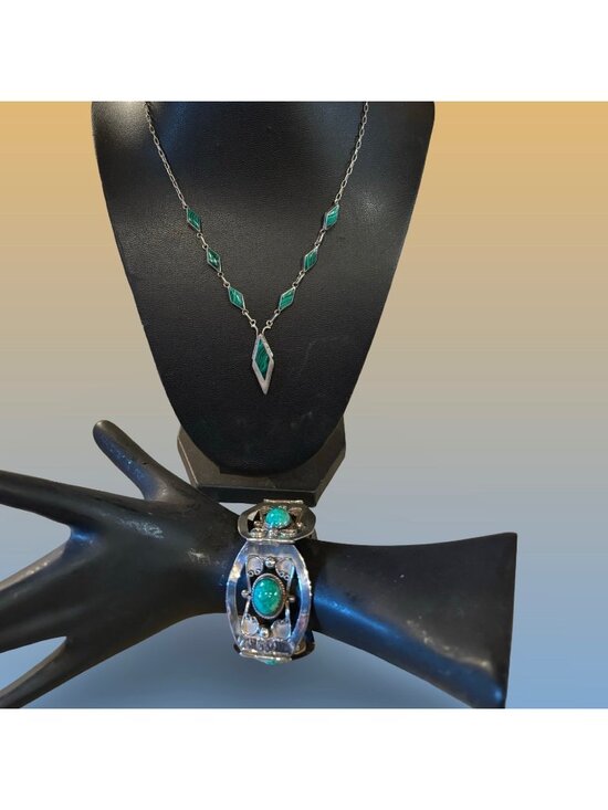Taxco Jewelry - Authentic Sign Taxco Sterling Silver Turquoise Large Link Bracelet & Necklace